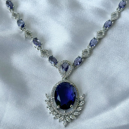 Deep Purple Amethyst Cubic Zircon Stone American Diamond Silver Plated Necklace Set