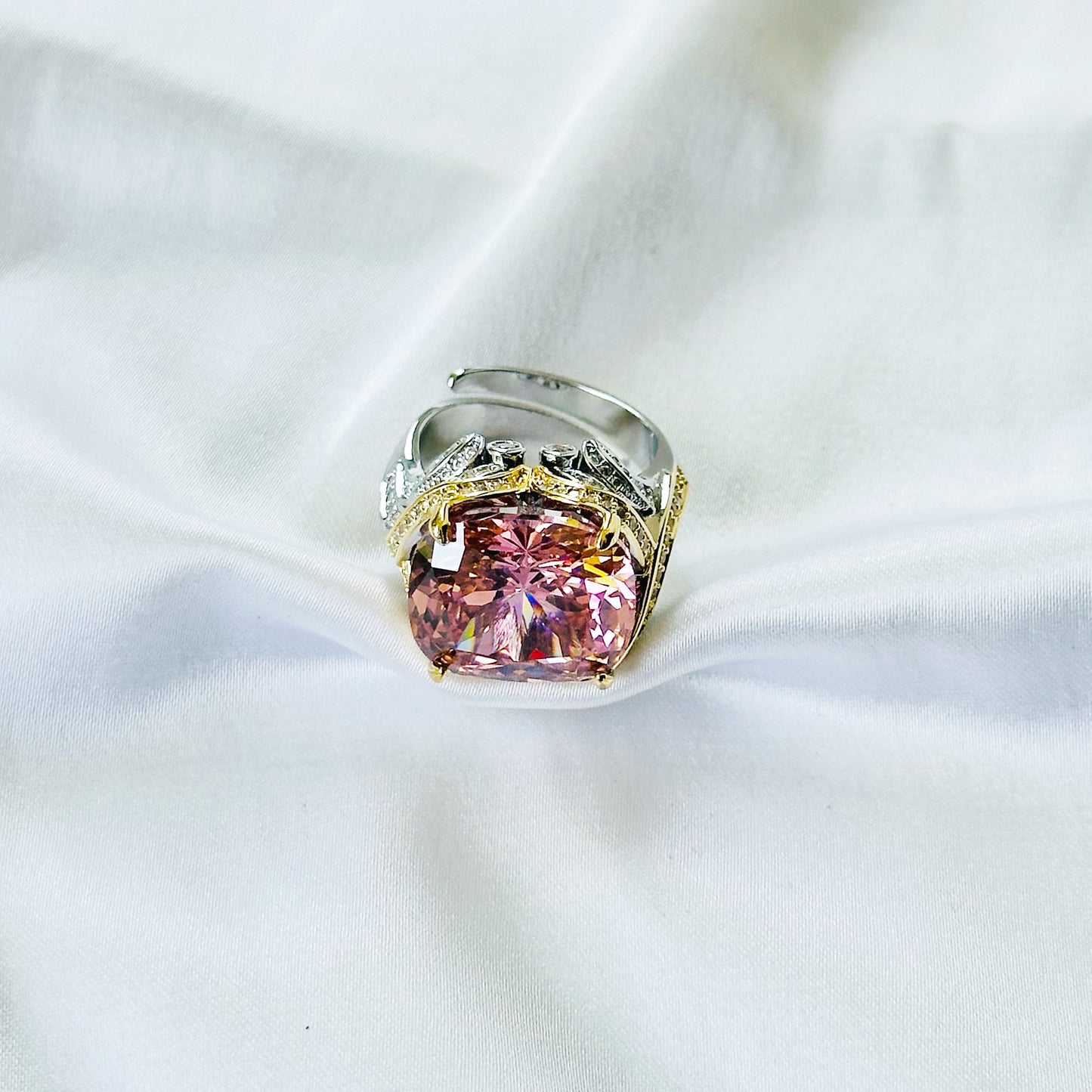 Pink Topaz Cubic Zirconia Ice Cut American Diamond Gold/Silver Plated Adjustable Ring