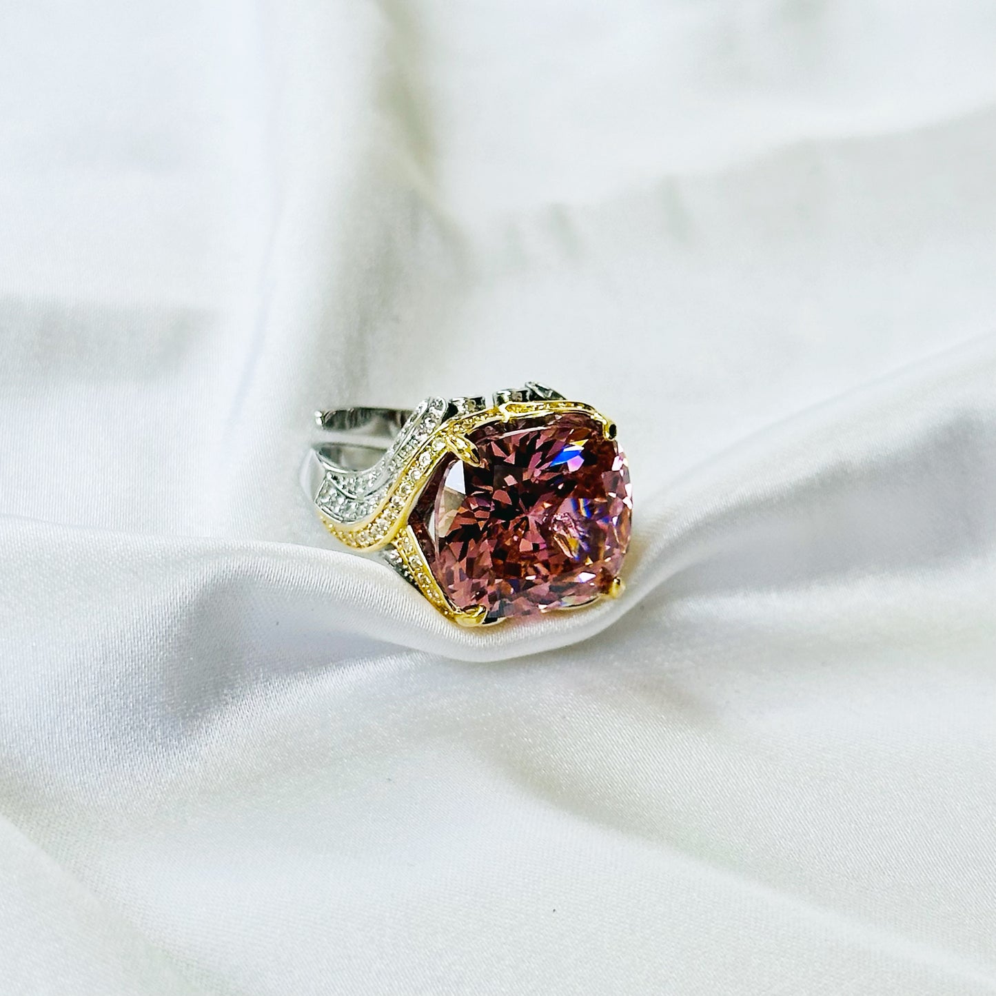 Pink Topaz Cubic Zirconia Ice Cut American Diamond Gold/Silver Plated Adjustable Ring