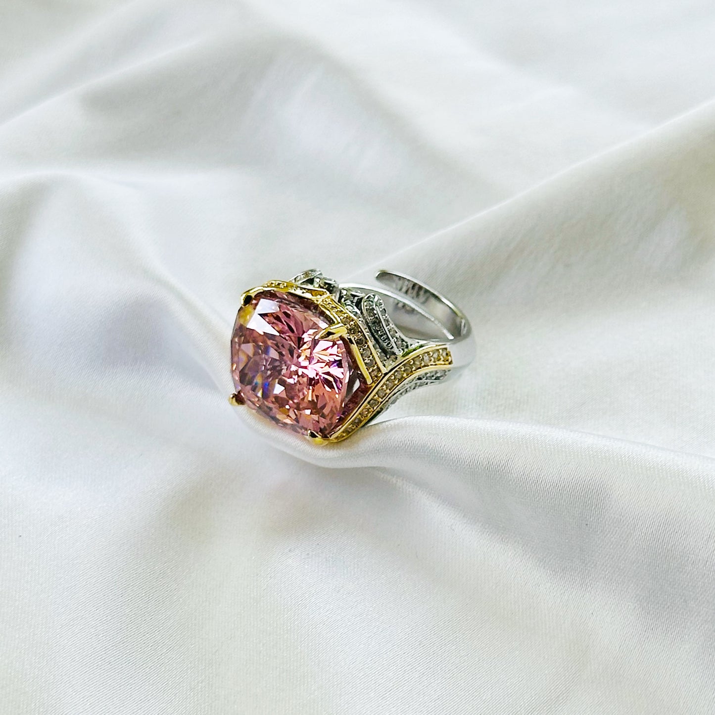Pink Topaz Cubic Zirconia Ice Cut American Diamond Gold/Silver Plated Adjustable Ring