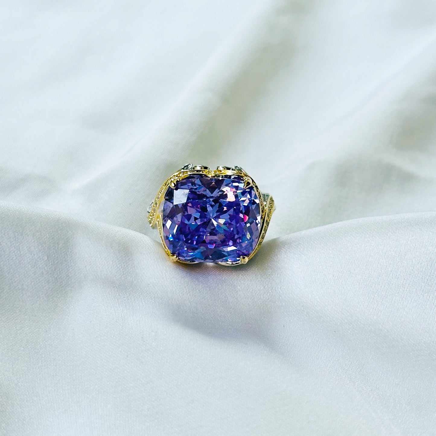 Purple Amethyst Cubic Zirconia Ice Cut American Diamond Gold/Silver Plated Adjustable Ring