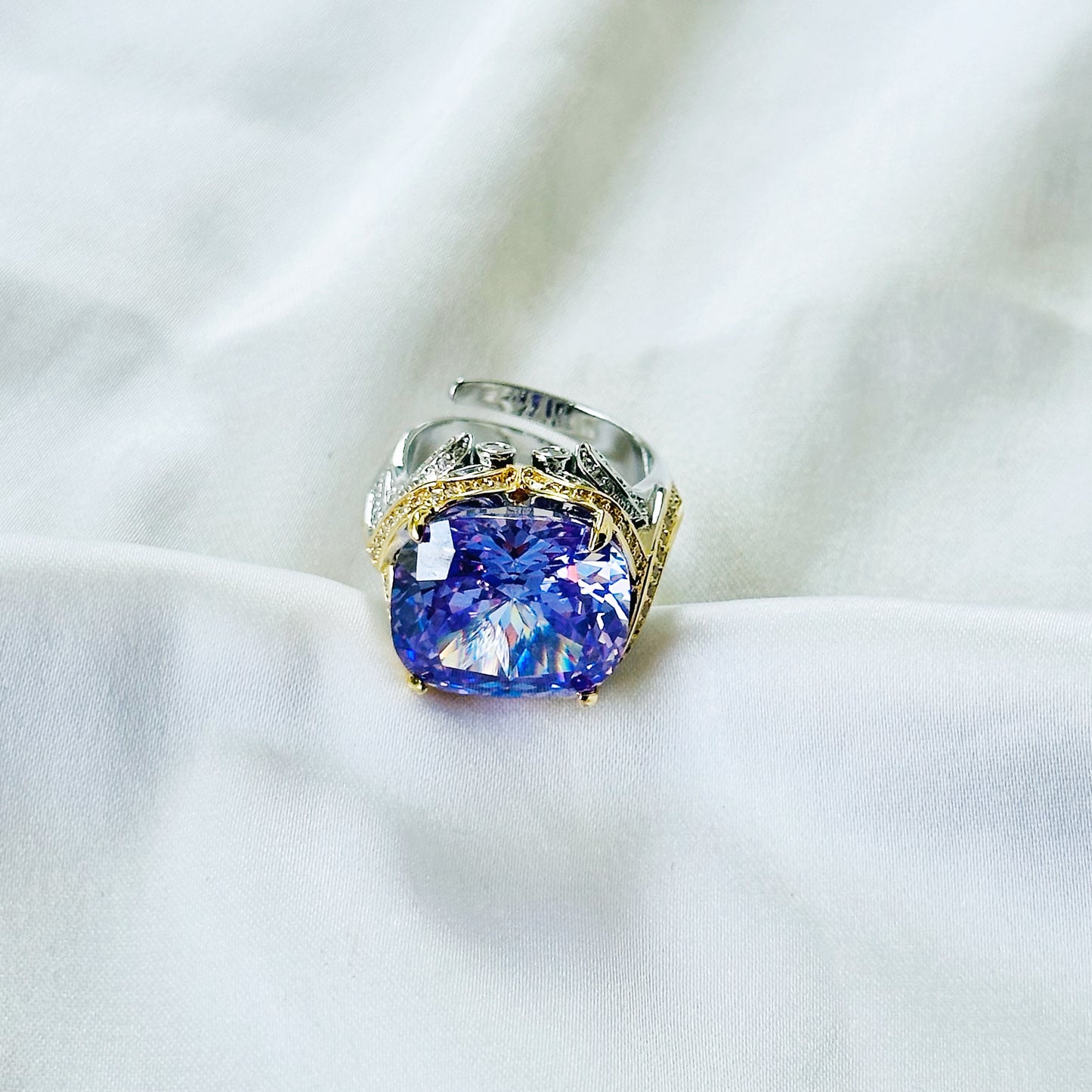 Purple Amethyst Cubic Zirconia Ice Cut American Diamond Gold/Silver Plated Adjustable Ring