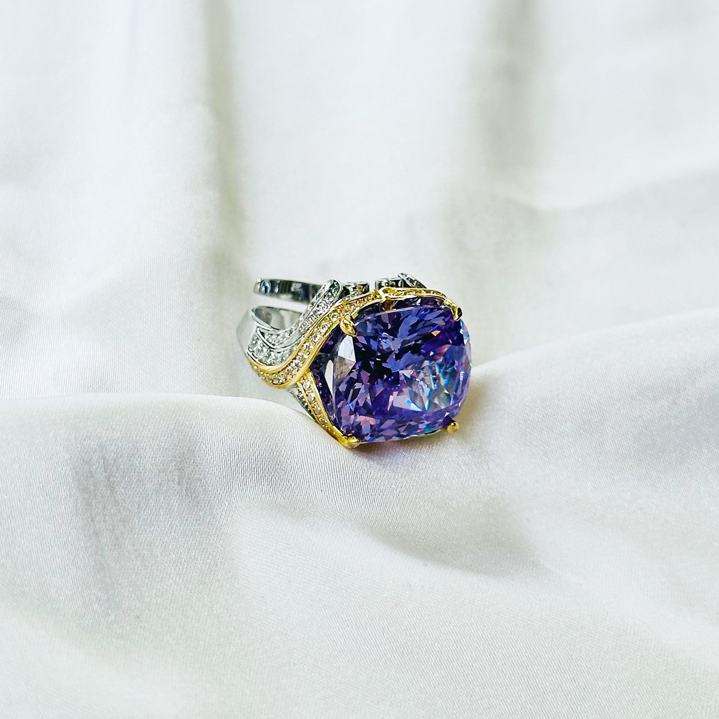Purple Amethyst Cubic Zirconia Ice Cut American Diamond Gold/Silver Plated Adjustable Ring