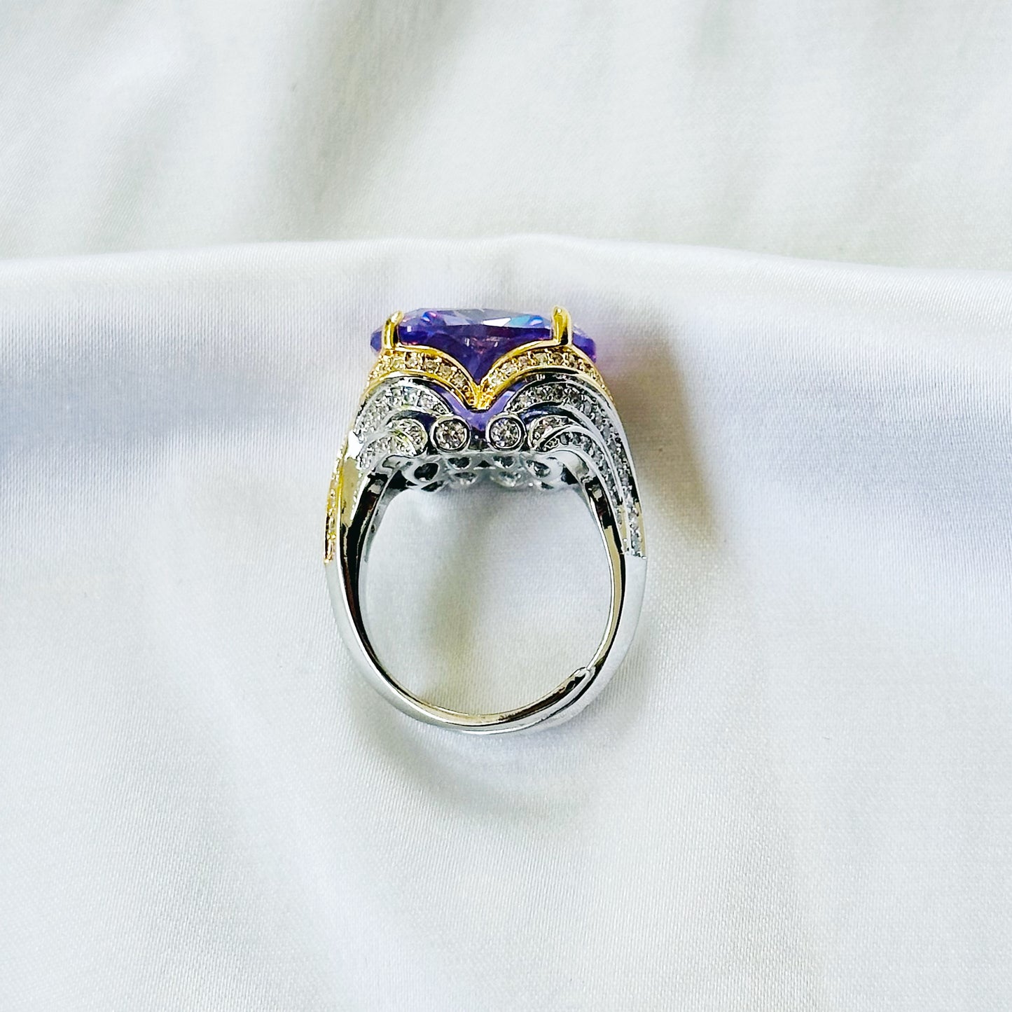 Purple Amethyst Cubic Zirconia Ice Cut American Diamond Gold/Silver Plated Adjustable Ring