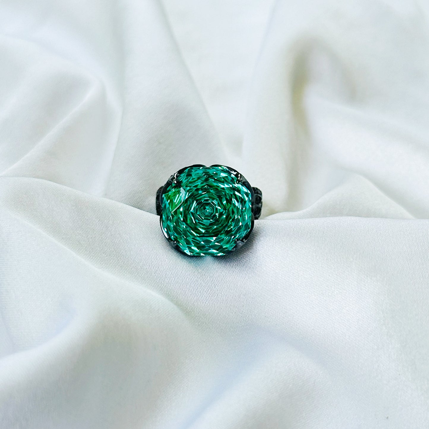 Sea Green Topaz Cubic Zirconia Pink Ice Cut American Diamond Victorian Plated Adjustable Ring