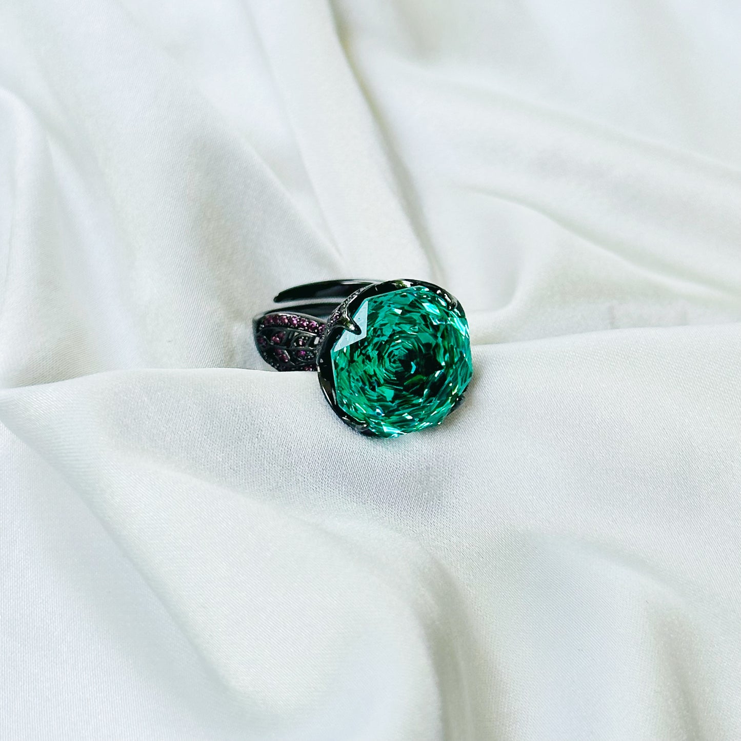 Sea Green Topaz Cubic Zirconia Pink Ice Cut American Diamond Victorian Plated Adjustable Ring