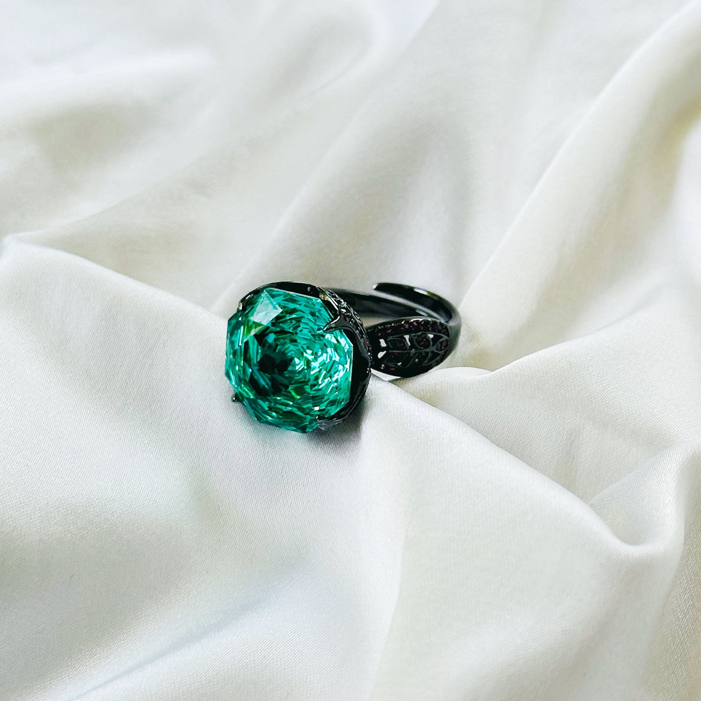 Sea Green Topaz Cubic Zirconia Pink Ice Cut American Diamond Victorian Plated Adjustable Ring