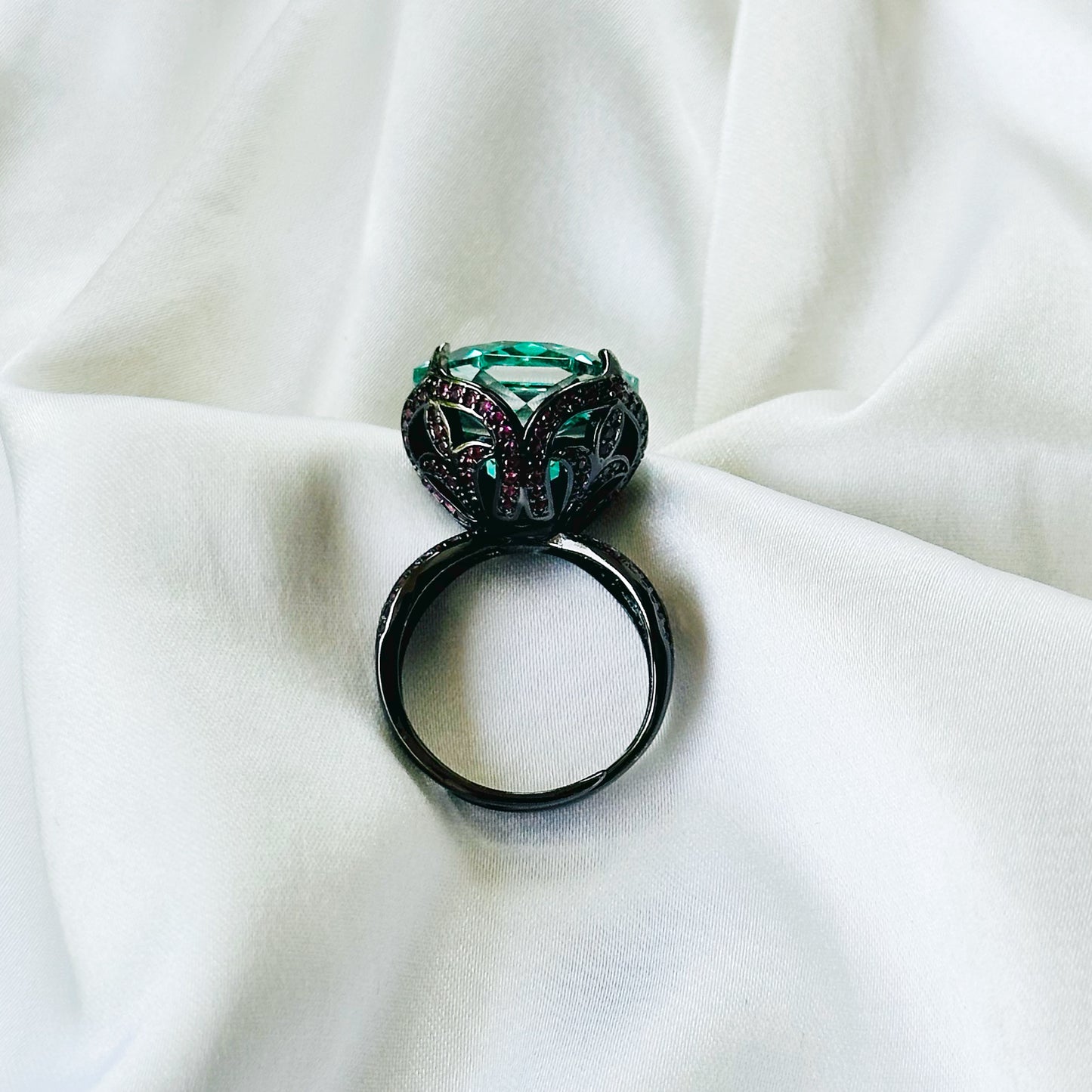 Sea Green Topaz Cubic Zirconia Pink Ice Cut American Diamond Victorian Plated Adjustable Ring