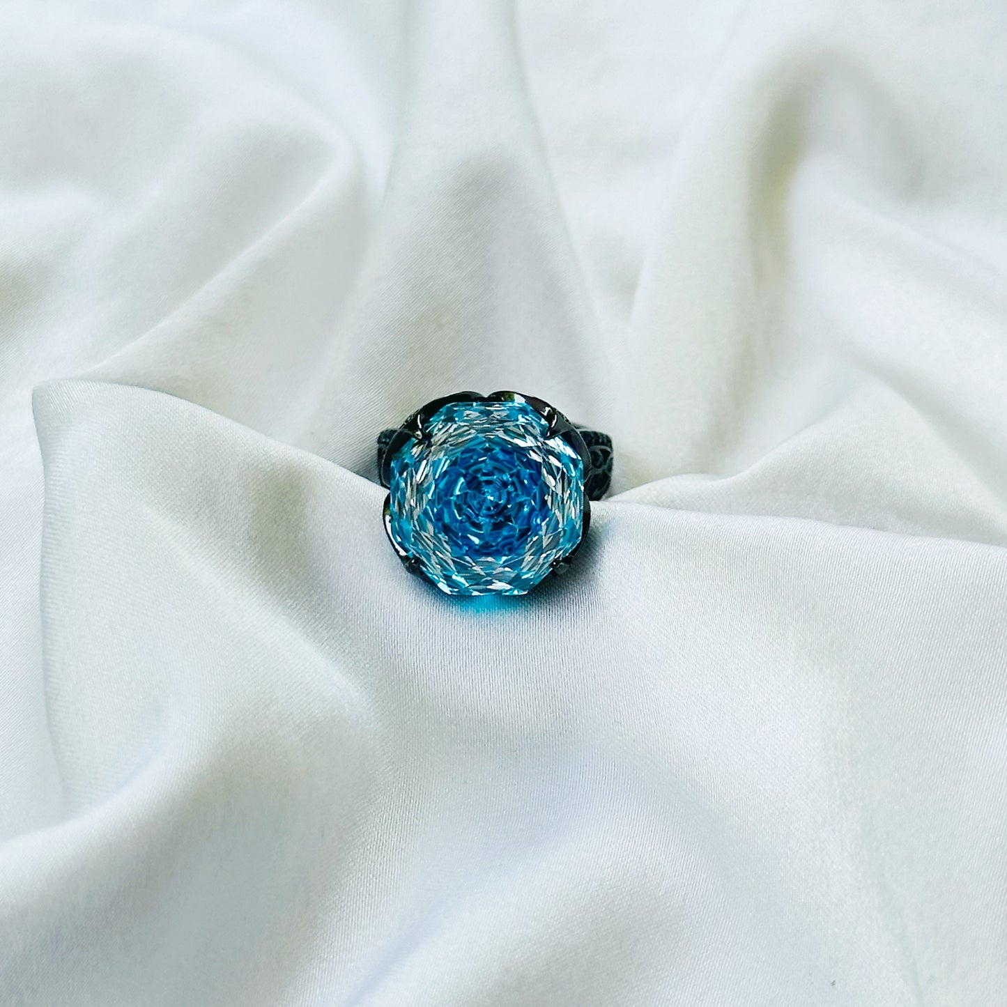 Aqua Blue Sapphire Cubic Zirconia Blue Ice Cut American Diamond Victorian Plated Adjustable Ring