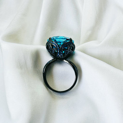 Aqua Blue Sapphire Cubic Zirconia Blue Ice Cut American Diamond Victorian Plated Adjustable Ring