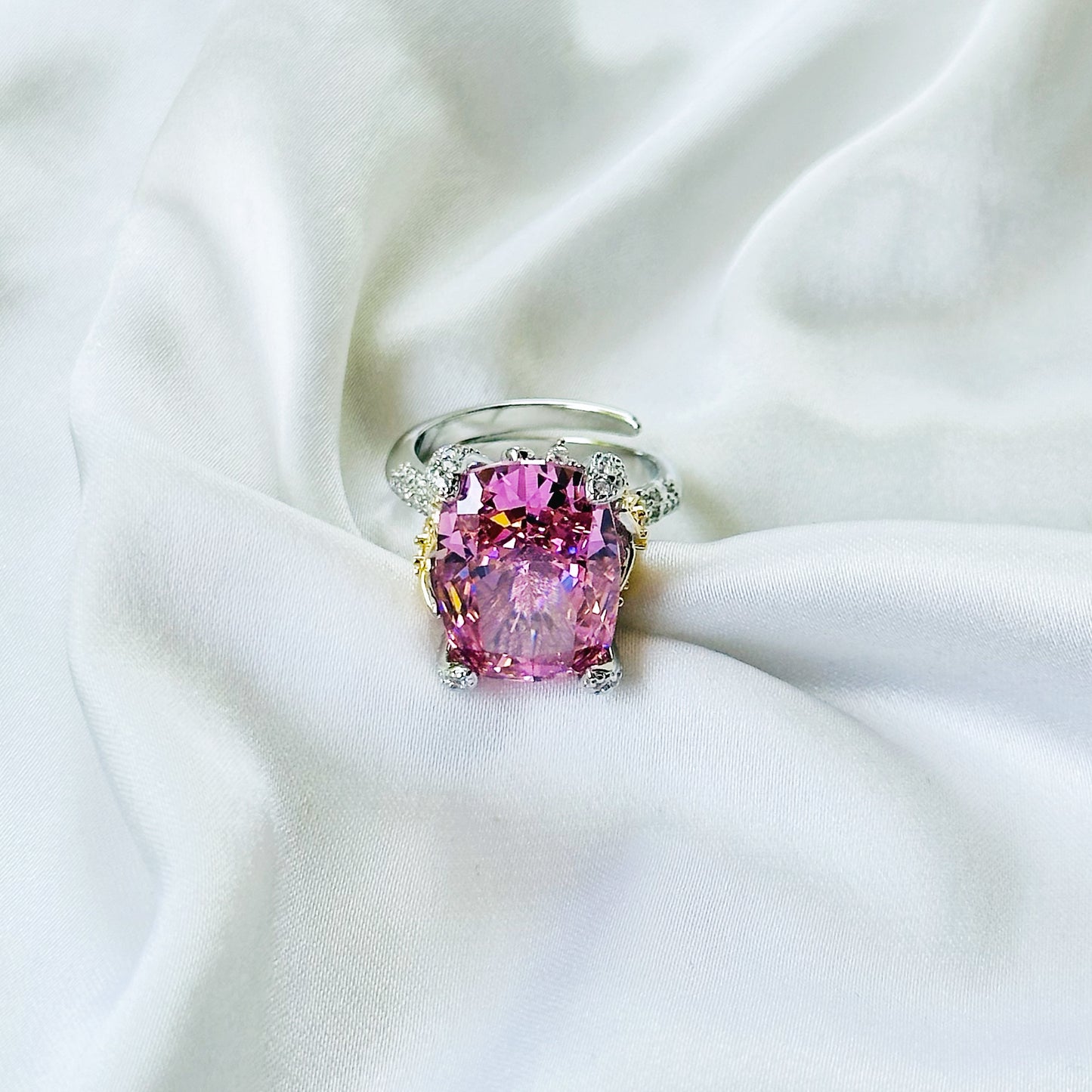 Pink Topaz Cubic Zirconia Ice Cut American Diamond Gold/Silver Plated Adjustable Ring