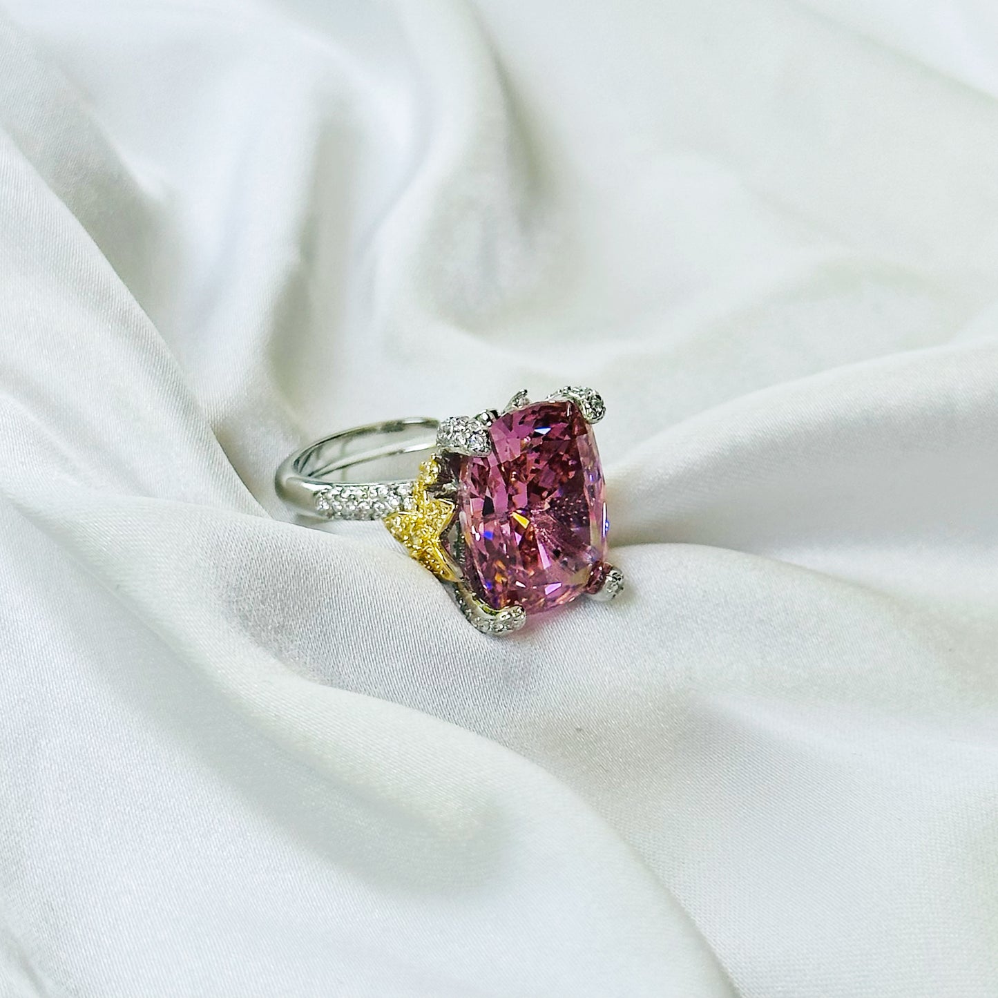 Pink Topaz Cubic Zirconia Ice Cut American Diamond Gold/Silver Plated Adjustable Ring