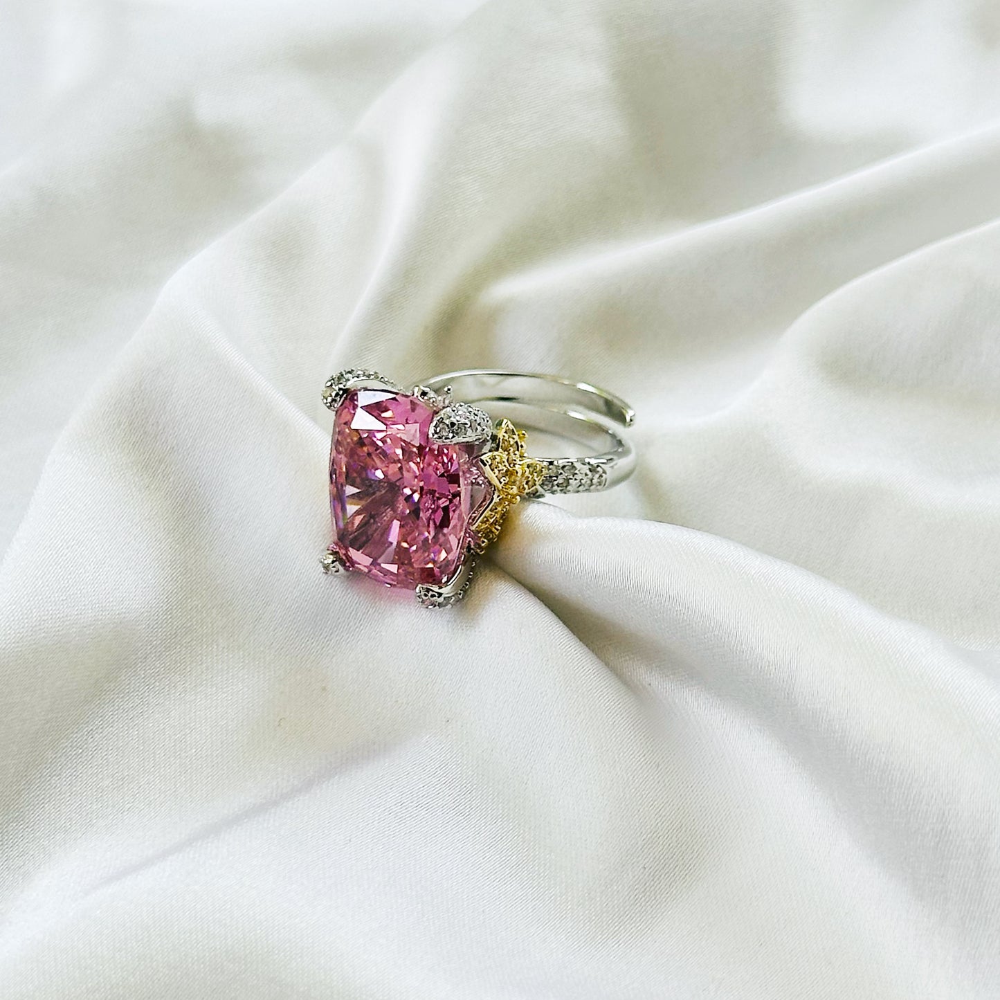 Pink Topaz Cubic Zirconia Ice Cut American Diamond Gold/Silver Plated Adjustable Ring