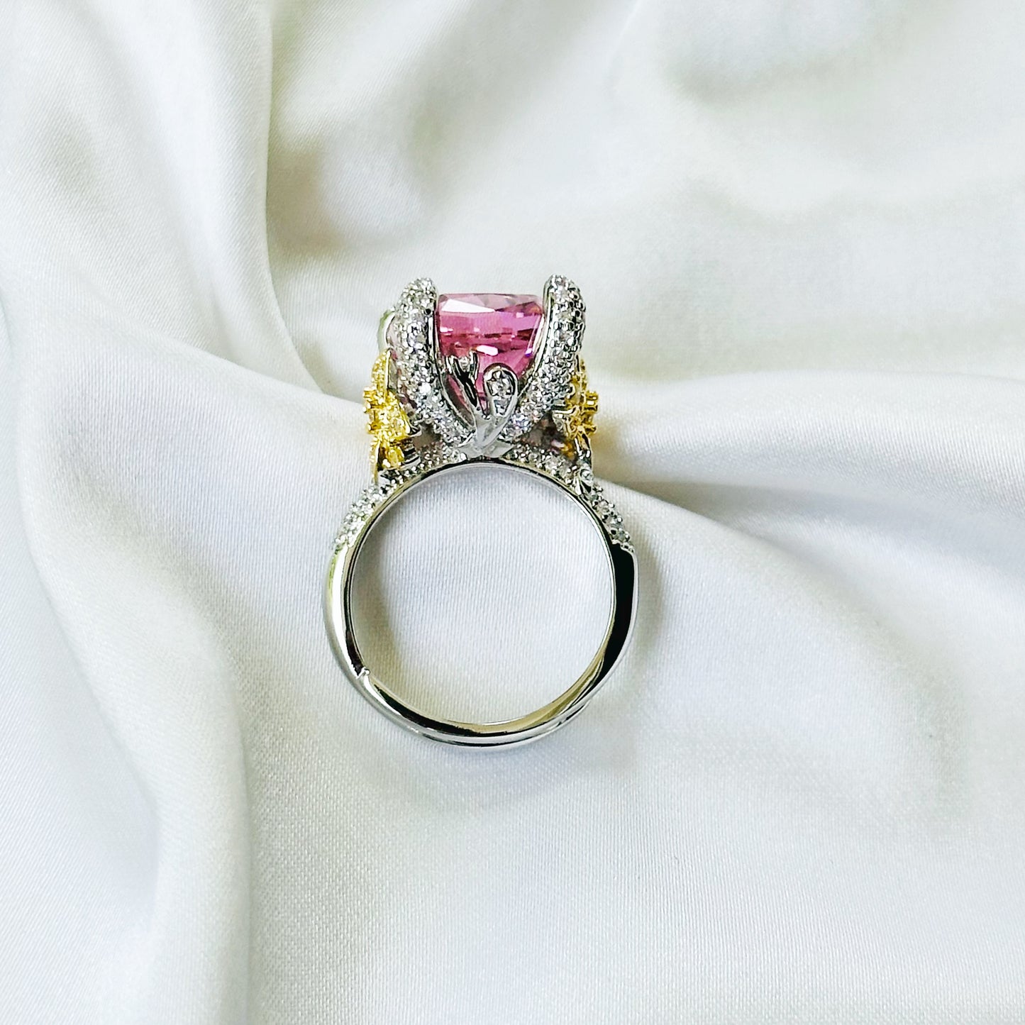 Pink Topaz Cubic Zirconia Ice Cut American Diamond Gold/Silver Plated Adjustable Ring