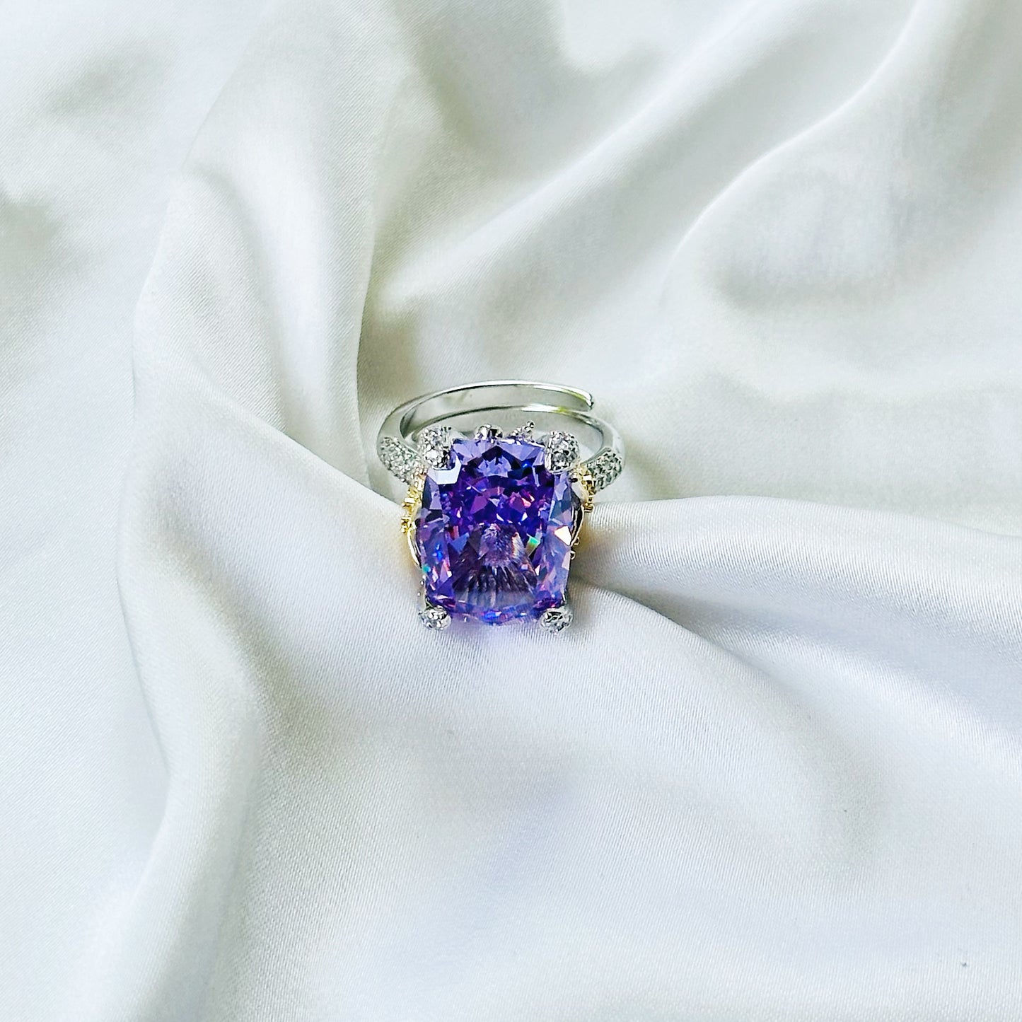 Purple Amethyst Cubic Zirconia Ice Cut American Diamond Gold/Silver Plated Adjustable Ring