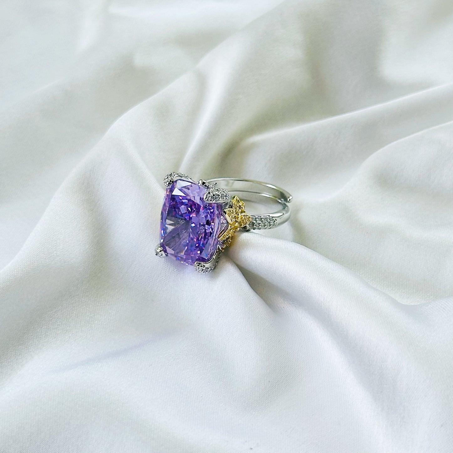 Purple Amethyst Cubic Zirconia Ice Cut American Diamond Gold/Silver Plated Adjustable Ring