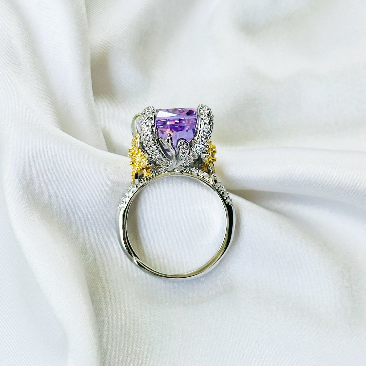 Purple Amethyst Cubic Zirconia Ice Cut American Diamond Gold/Silver Plated Adjustable Ring