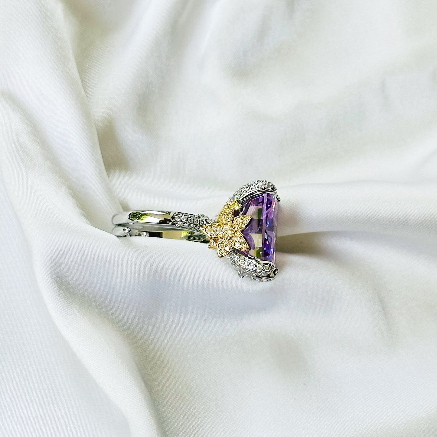 Purple Amethyst Cubic Zirconia Ice Cut American Diamond Gold/Silver Plated Adjustable Ring
