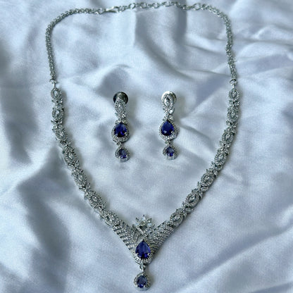 Deep Purple Amethyst Cubic Zircon Stone American Diamond Silver Plated Necklace Set