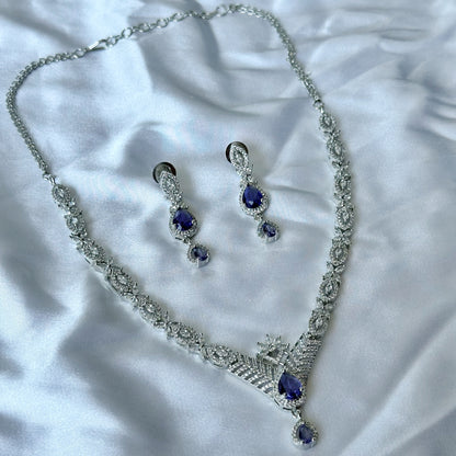 Deep Purple Amethyst Cubic Zircon Stone American Diamond Silver Plated Necklace Set