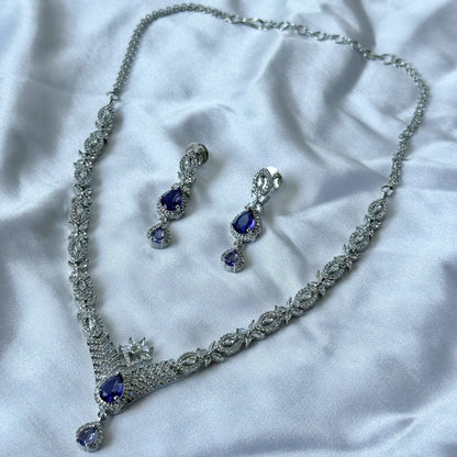 Deep Purple Amethyst Cubic Zircon Stone American Diamond Silver Plated Necklace Set