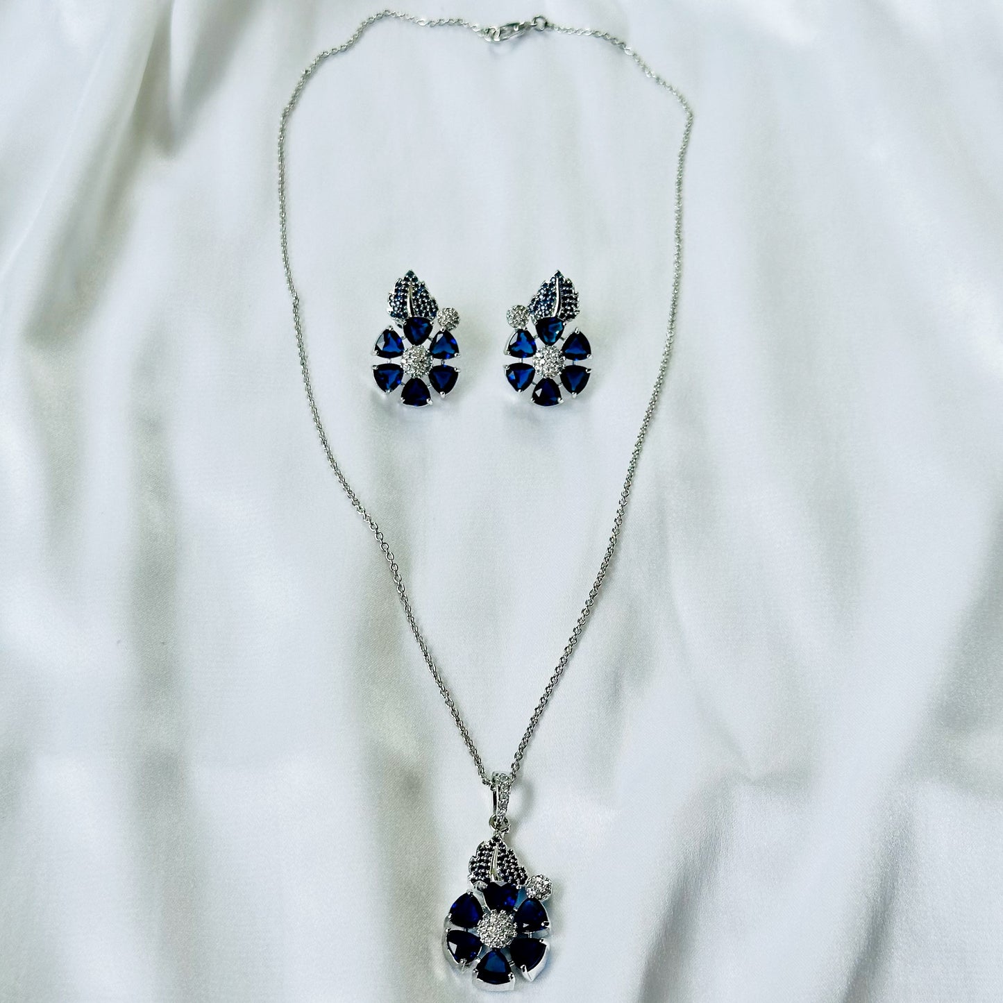 Blue Sapphire Cubic Zircon American Diamond Silver Plated Pendant Set