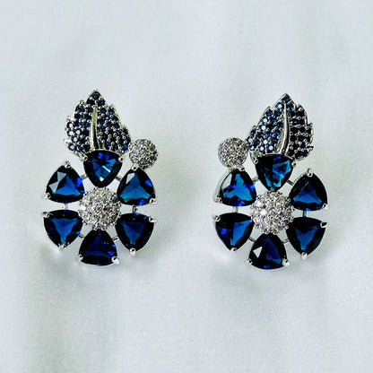 Blue Sapphire Cubic Zircon American Diamond Silver Plated Pendant Set