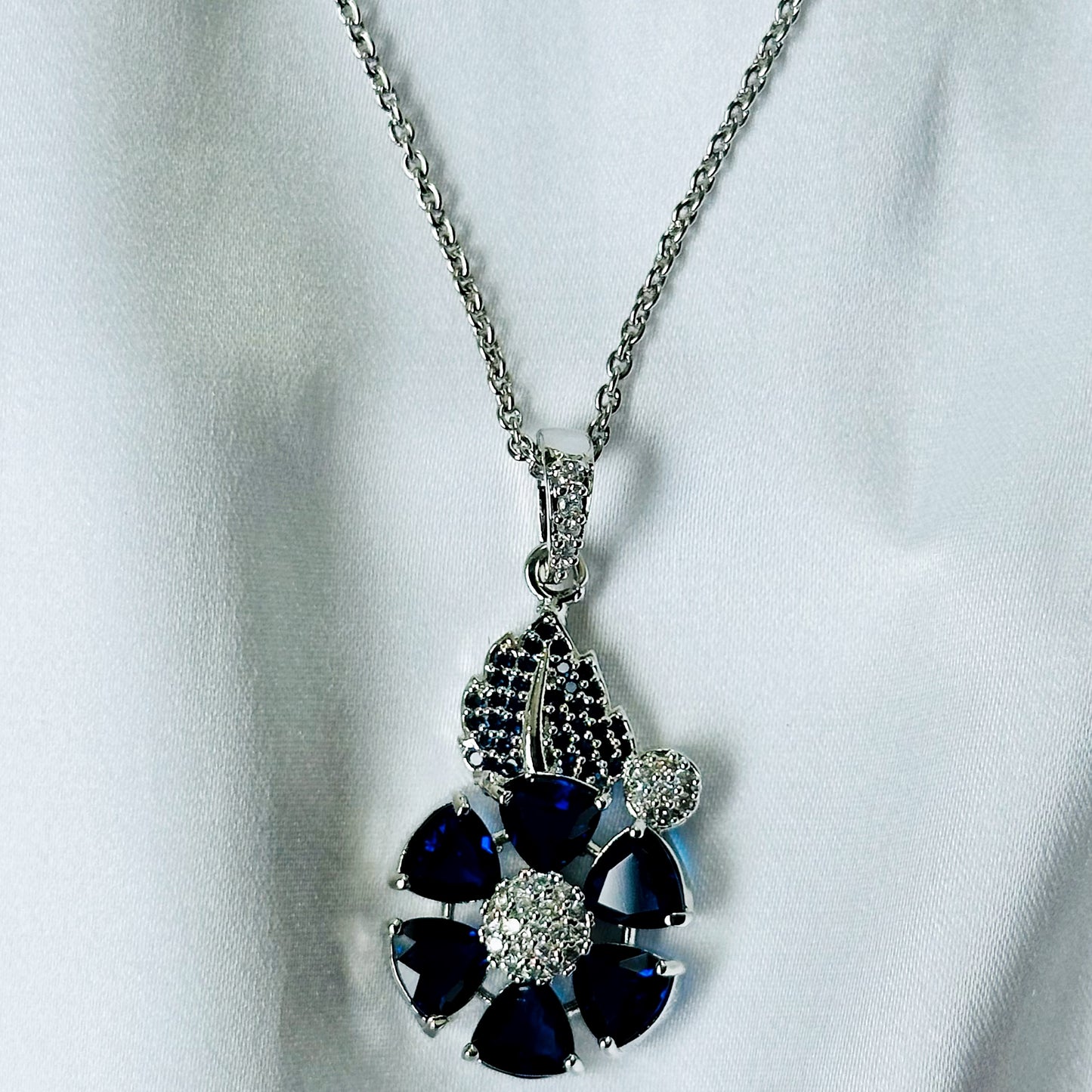 Blue Sapphire Cubic Zircon American Diamond Silver Plated Pendant Set