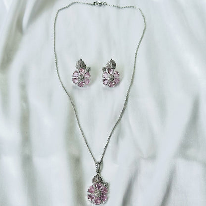 Pink Topaz Cubic Zircon American Diamond Silver Plated Pendant Set