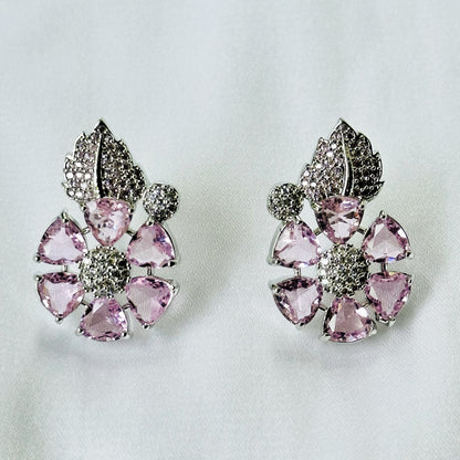 Pink Topaz Cubic Zircon American Diamond Silver Plated Pendant Set