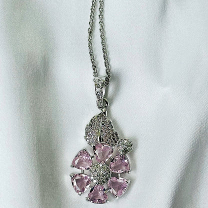Pink Topaz Cubic Zircon American Diamond Silver Plated Pendant Set