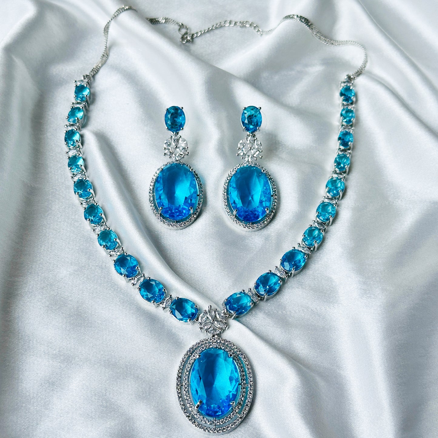 Aqua Blue Sapphire Cubic Zircon Stone American Diamond Silver Plated Necklace Set
