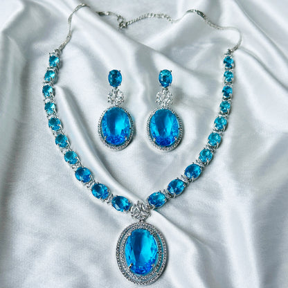 Aqua Blue Sapphire Cubic Zircon Stone American Diamond Silver Plated Necklace Set