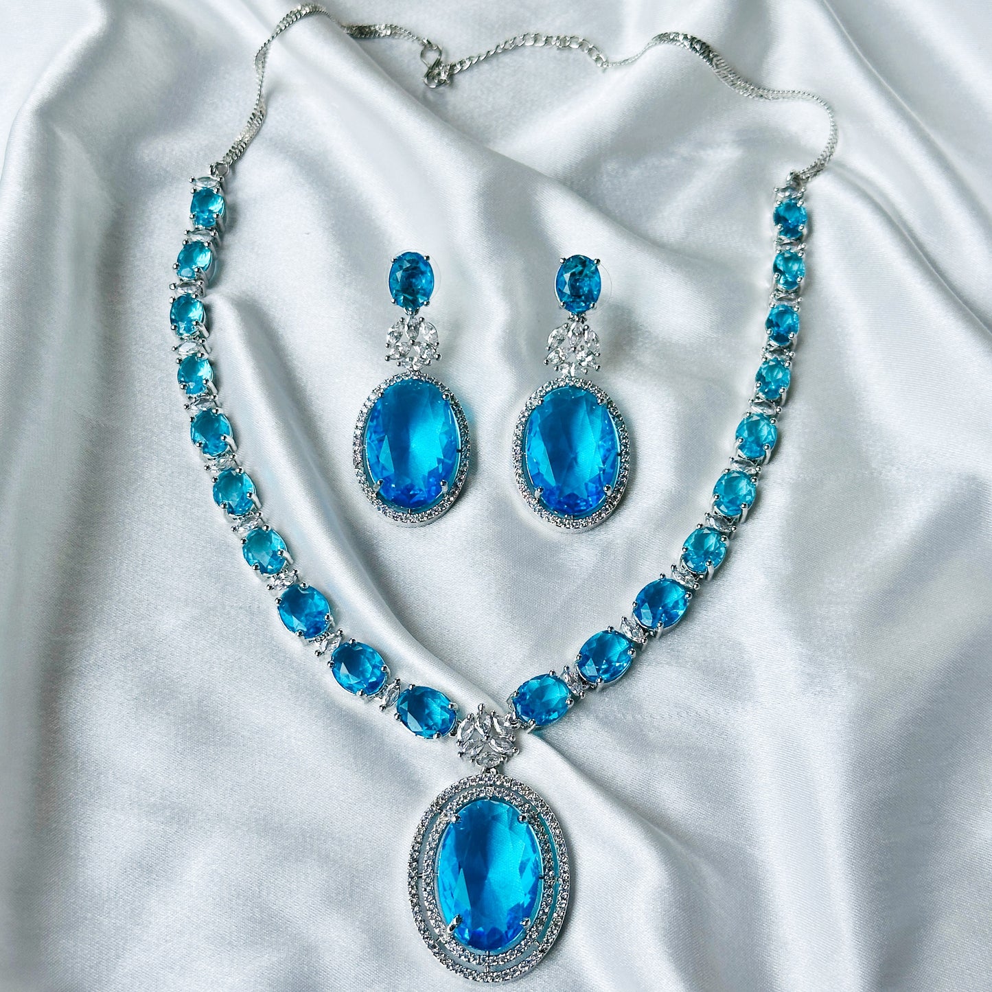 Aqua Blue Sapphire Cubic Zircon Stone American Diamond Silver Plated Necklace Set