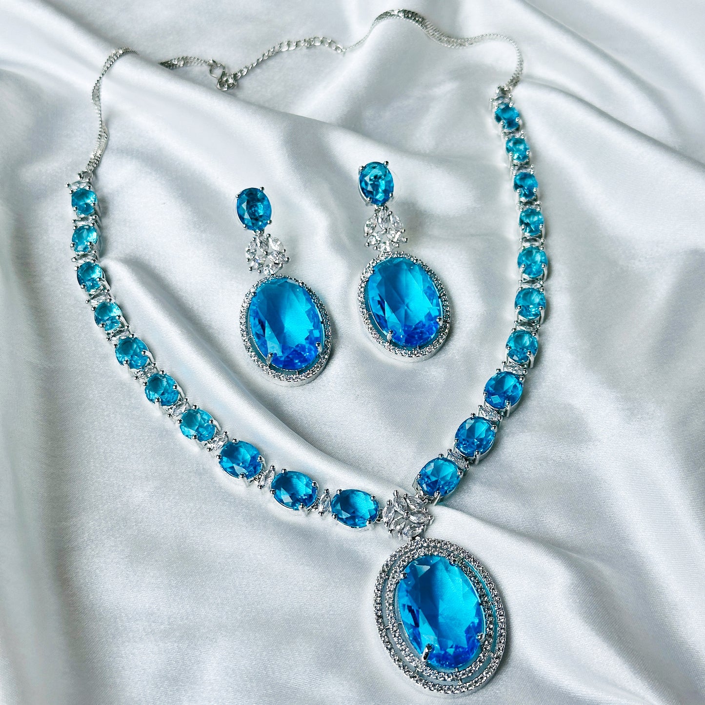Aqua Blue Sapphire Cubic Zircon Stone American Diamond Silver Plated Necklace Set