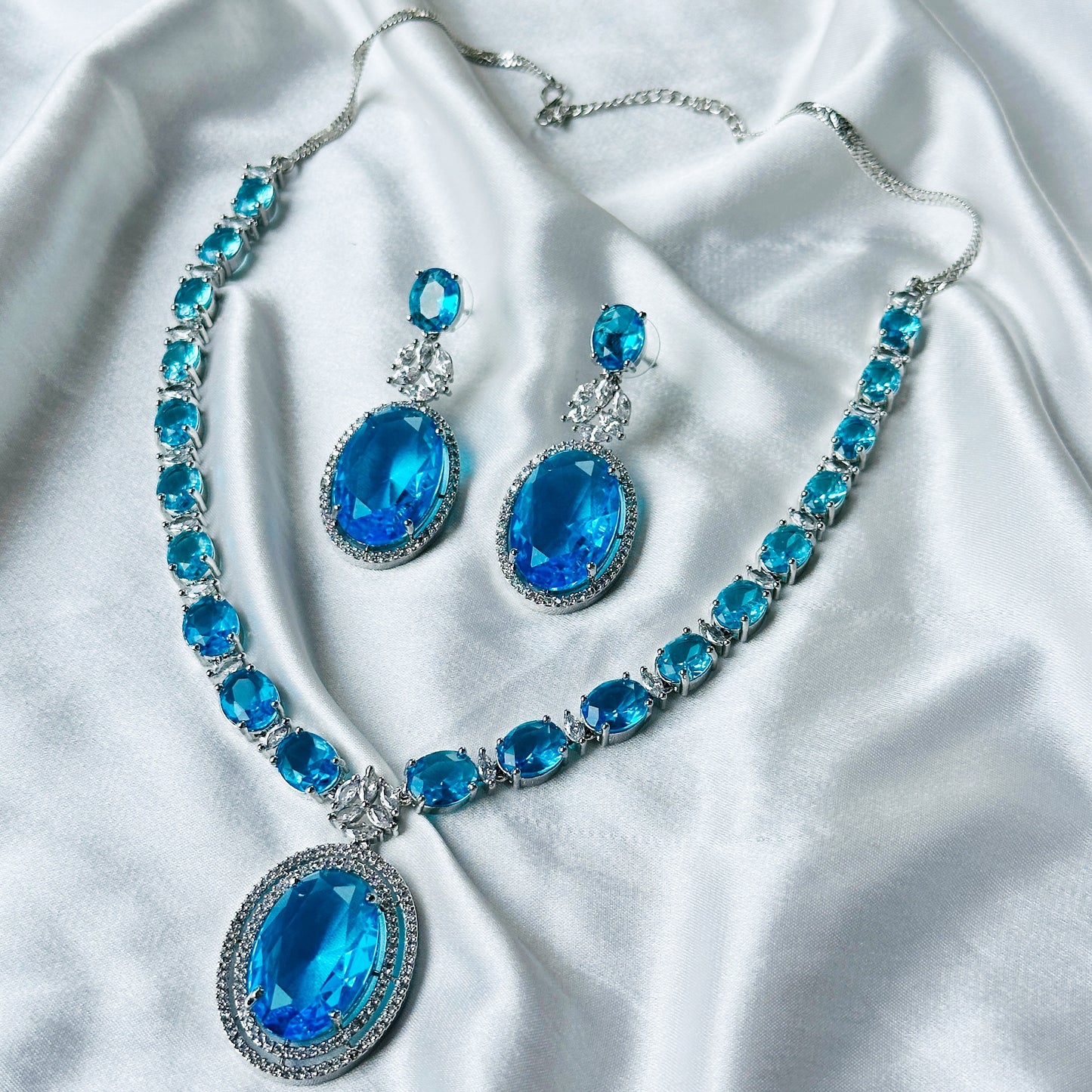 Aqua Blue Sapphire Cubic Zircon Stone American Diamond Silver Plated Necklace Set