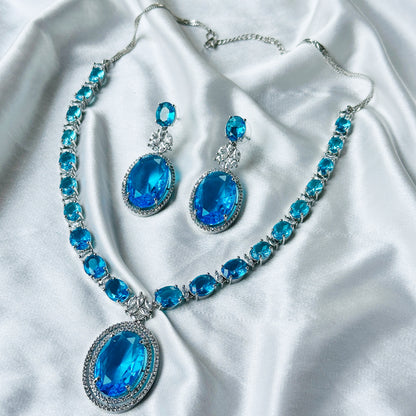 Aqua Blue Sapphire Cubic Zircon Stone American Diamond Silver Plated Necklace Set