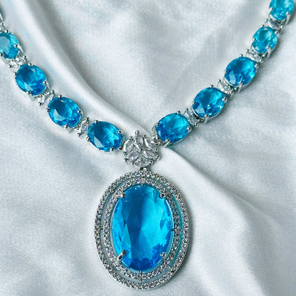 Aqua Blue Sapphire Cubic Zircon Stone American Diamond Silver Plated Necklace Set