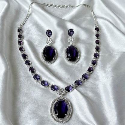 Deep Purple Amethyst Cubic Zircon Stone American Diamond Silver Plated Necklace Set