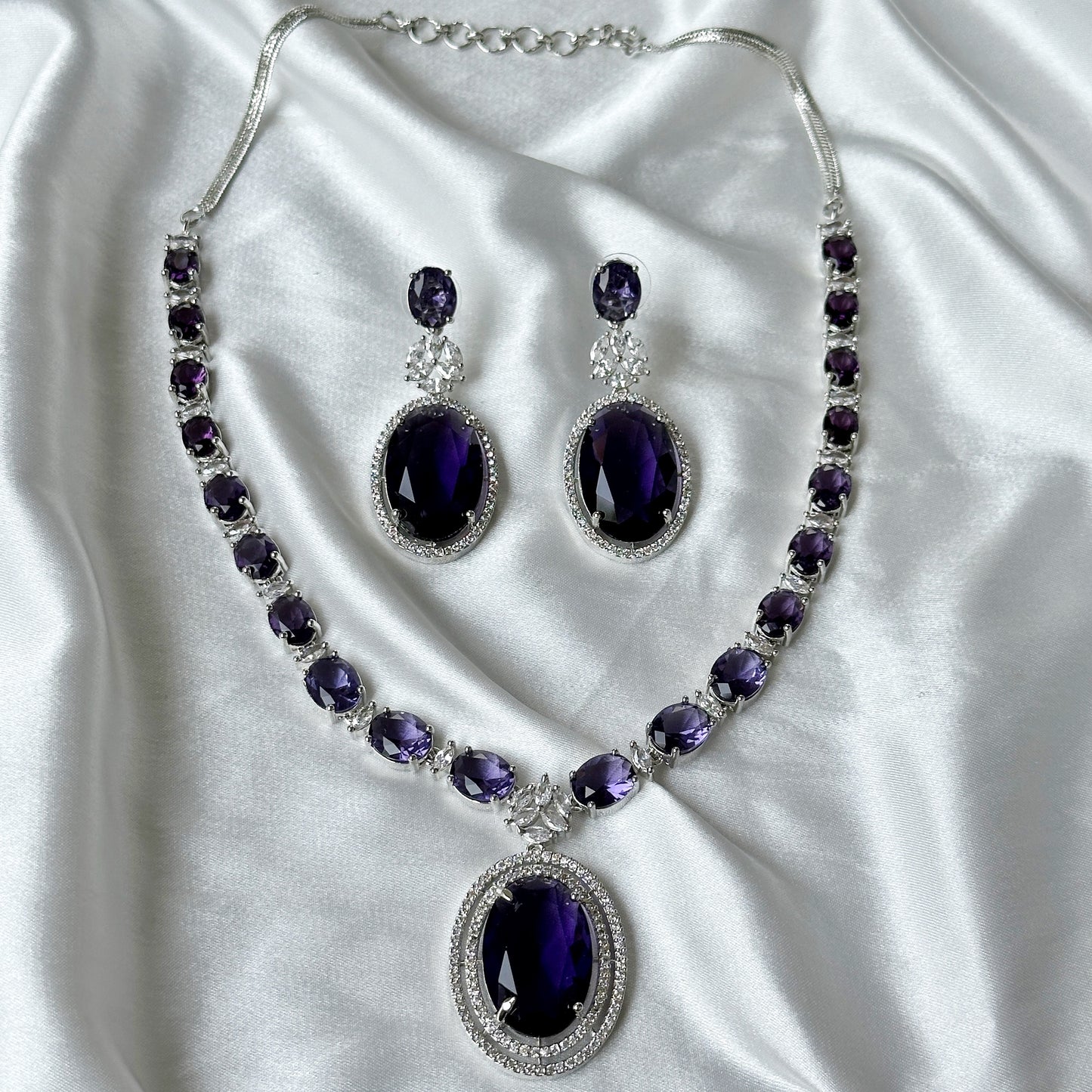 Deep Purple Amethyst Cubic Zircon Stone American Diamond Silver Plated Necklace Set