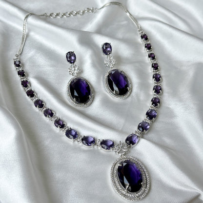 Deep Purple Amethyst Cubic Zircon Stone American Diamond Silver Plated Necklace Set
