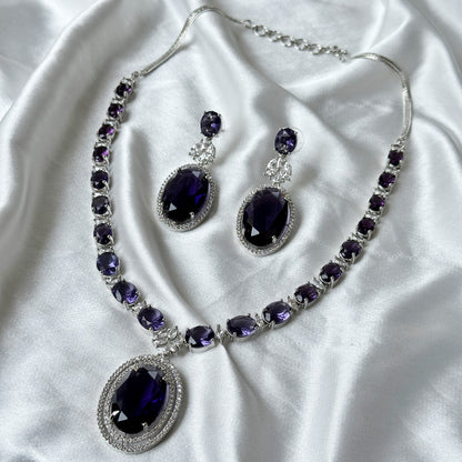 Deep Purple Amethyst Cubic Zircon Stone American Diamond Silver Plated Necklace Set