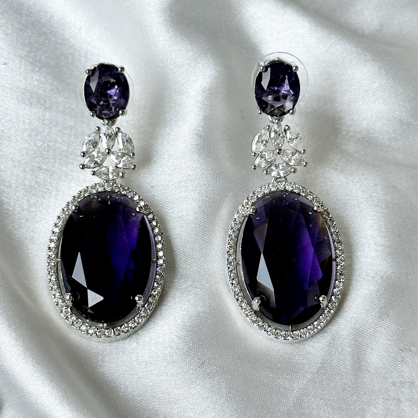 Deep Purple Amethyst Cubic Zircon Stone American Diamond Silver Plated Necklace Set
