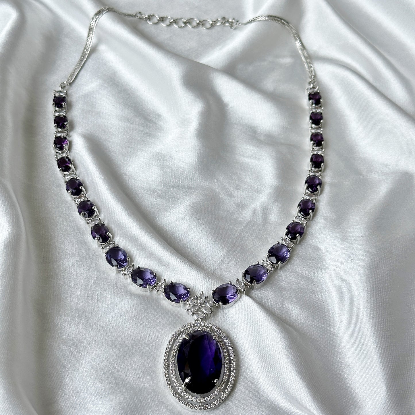 Deep Purple Amethyst Cubic Zircon Stone American Diamond Silver Plated Necklace Set