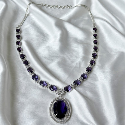 Deep Purple Amethyst Cubic Zircon Stone American Diamond Silver Plated Necklace Set