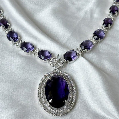 Deep Purple Amethyst Cubic Zircon Stone American Diamond Silver Plated Necklace Set