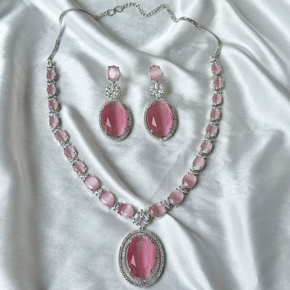 Pink Topaz Zircon Stone American Diamond Silver Plated Necklace Set
