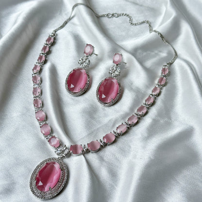 Pink Topaz Zircon Stone American Diamond Silver Plated Necklace Set