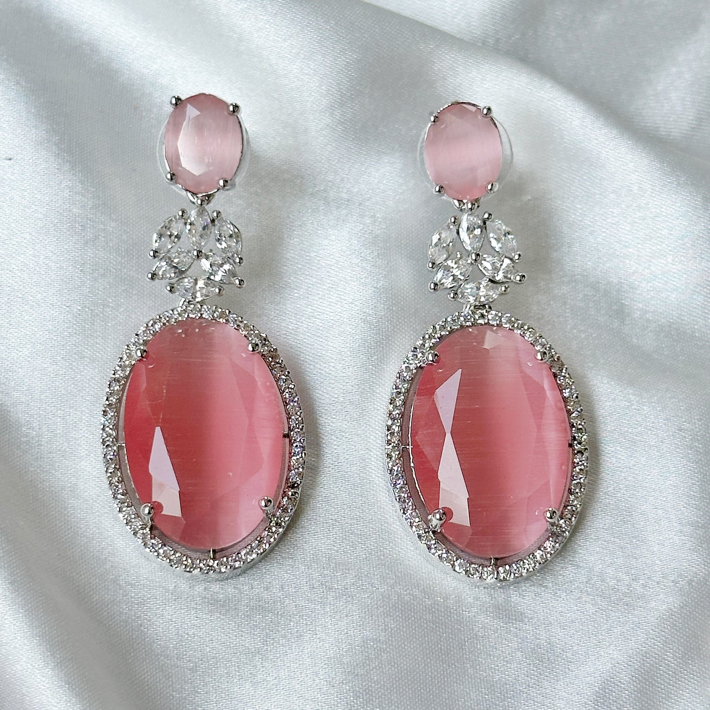 Pink Topaz Zircon Stone American Diamond Silver Plated Necklace Set
