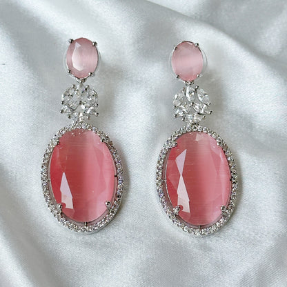 Pink Topaz Zircon Stone American Diamond Silver Plated Necklace Set